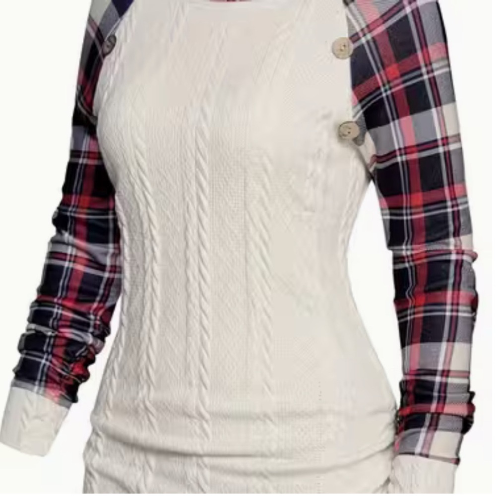 Plaid Sleeve Cable Knit Top